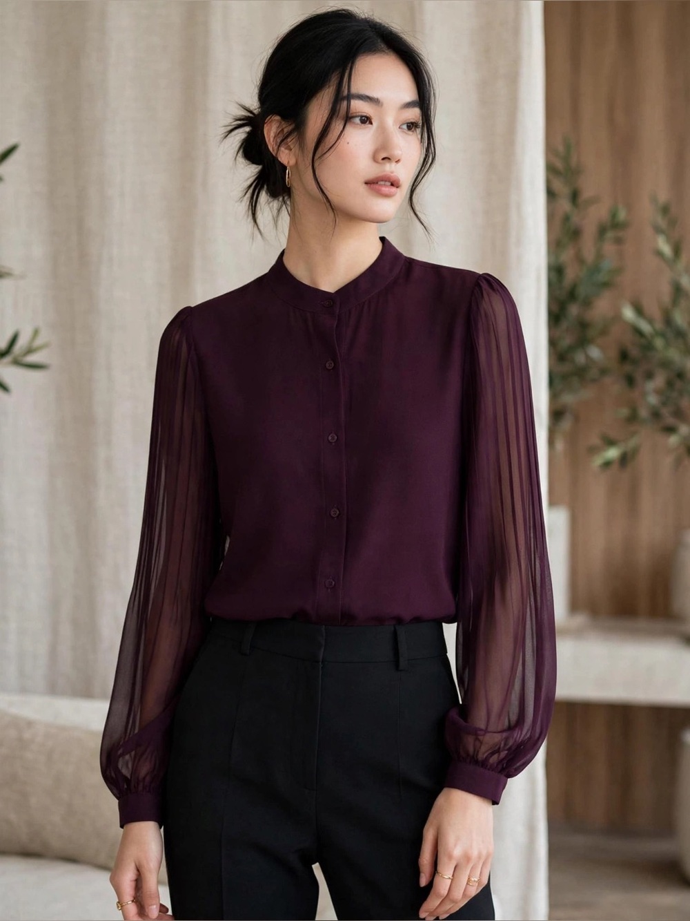 Calvin Klein Women's Plum Women’s Button-Front Blouse - Medium EUC